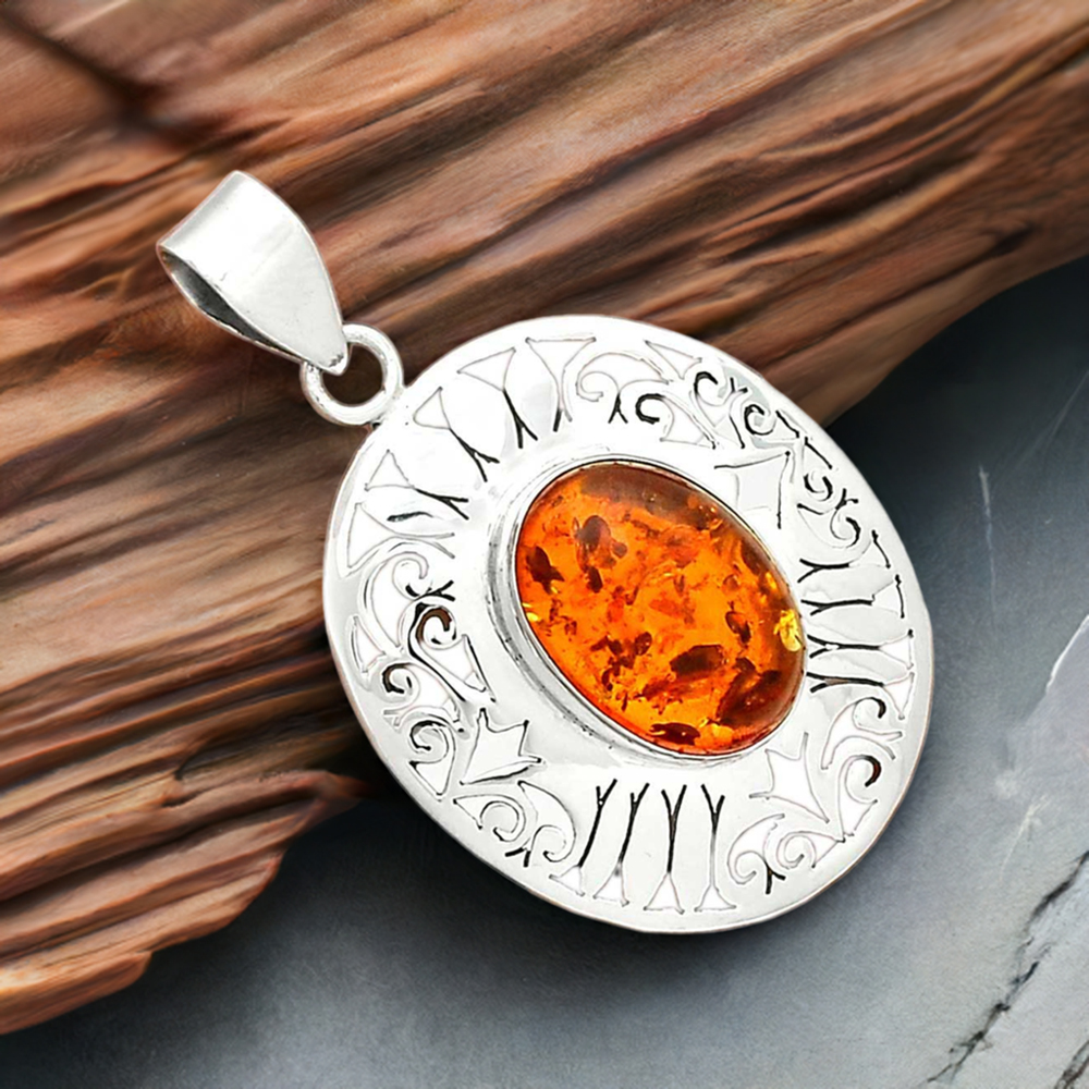 Amber Gemstone Pendants In 925 Fine Silver Jewelry 925SP16-1
