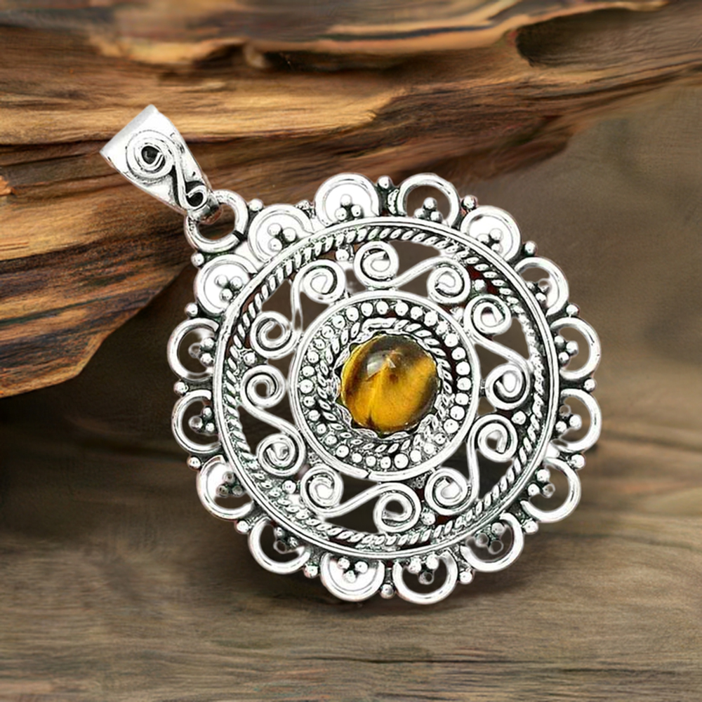 Solid Sterling Silver Pendants In Tiger's Eye Gemstone Jewelry 925SP19-3