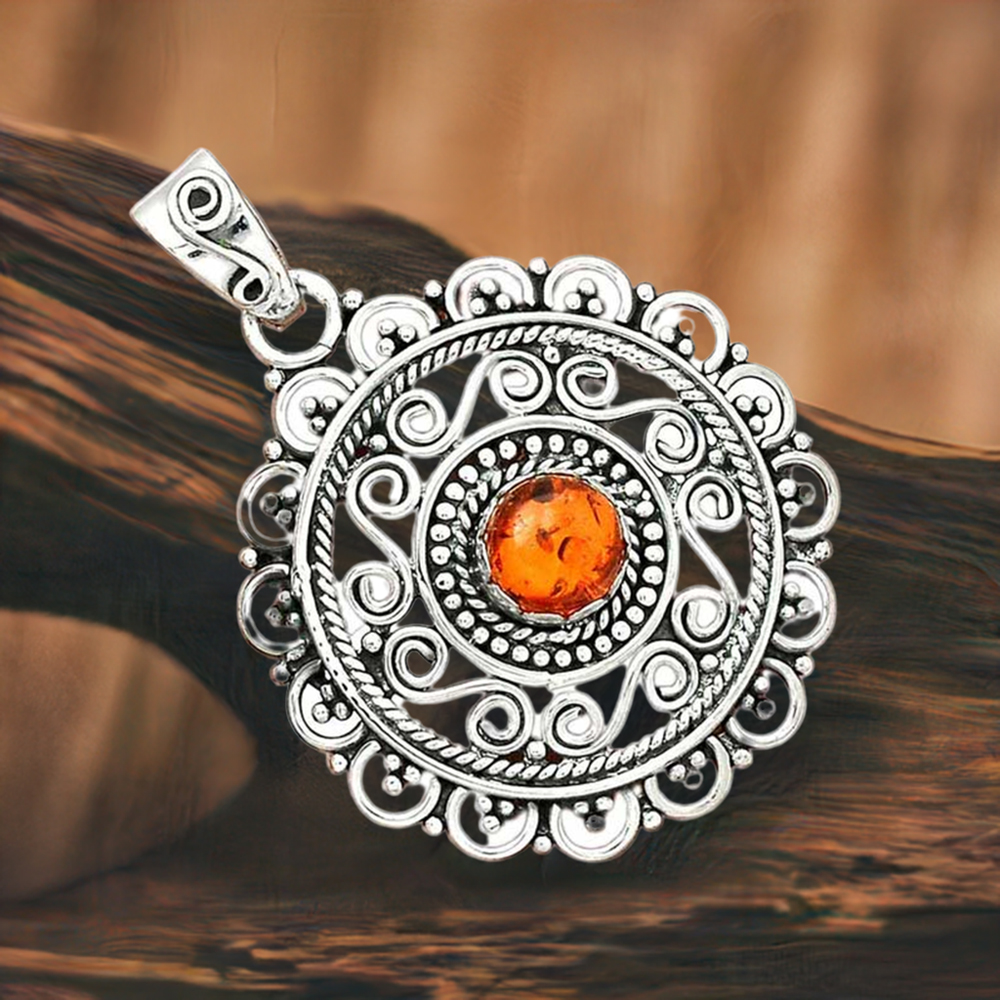 925 Fine Silver Pendants In Amber Gemstone Jewelry 925SP19-6