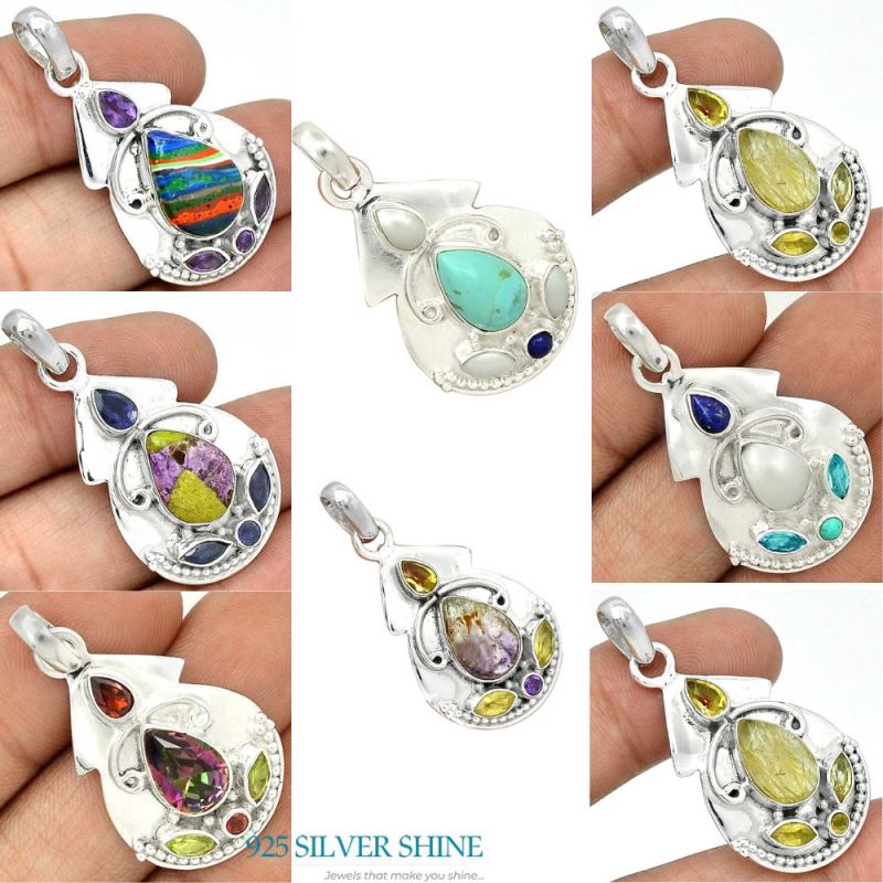 925 Sterling Silver Handmade Pendants In Multi Gemstone Jewelry 925SP21-2_4