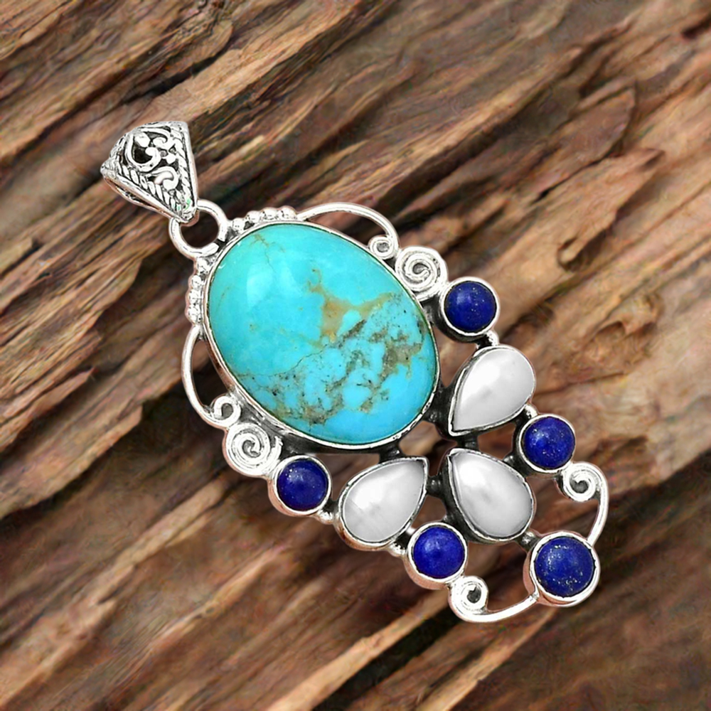 Solid Sterling Silver Handmade Pendants In Multi Gemstone Jewelry 925SP22-3