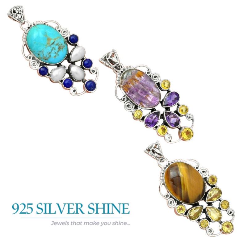 Solid Sterling Silver Handmade Pendants In Multi Gemstone Jewelry 925SP22-3_4