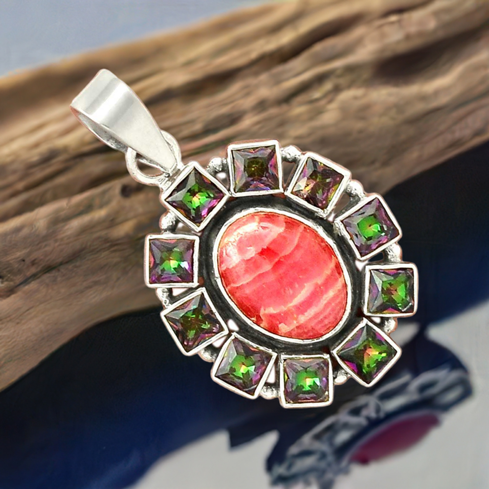 Solid Sterling Silver Handmade Pendants In Multi Gemstone Jewelry 925SP24-1