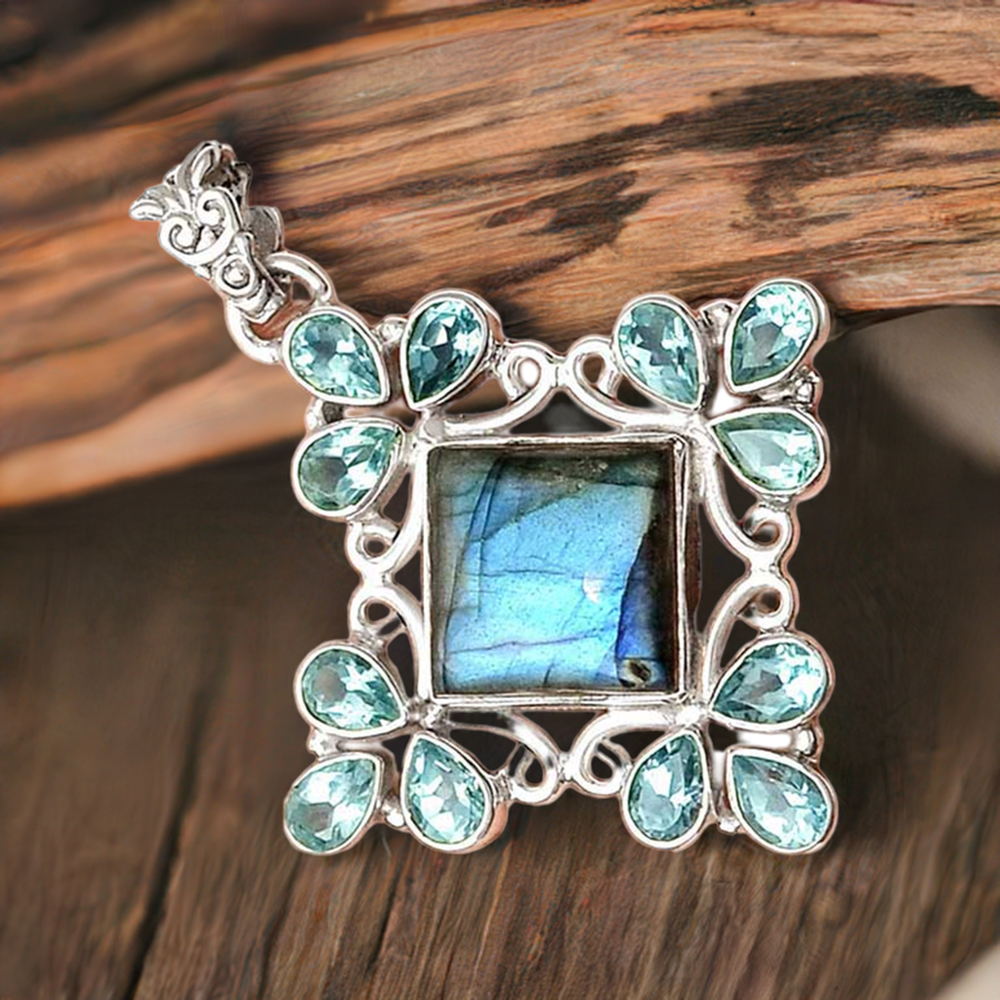 Solid Sterling Silver Handmade Pendants In Multi Gemstone Jewelry 925SP37-10