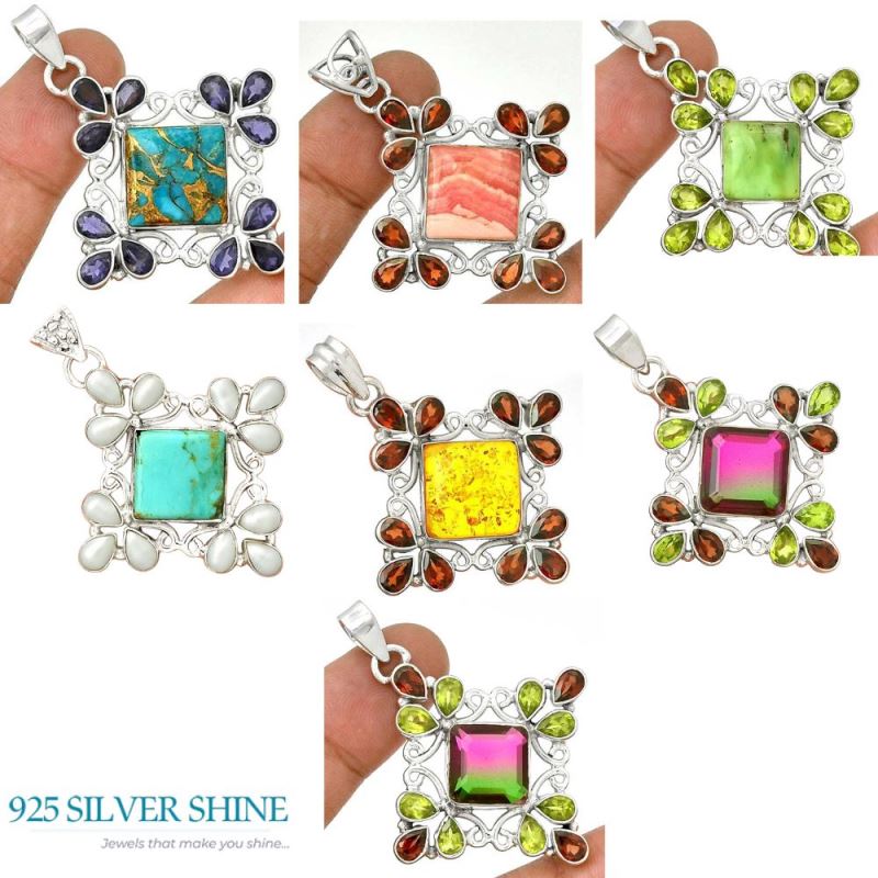 925 Sterling Silver Handmade Pendants In Multi Gemstone Jewelry 925SP37-9_1