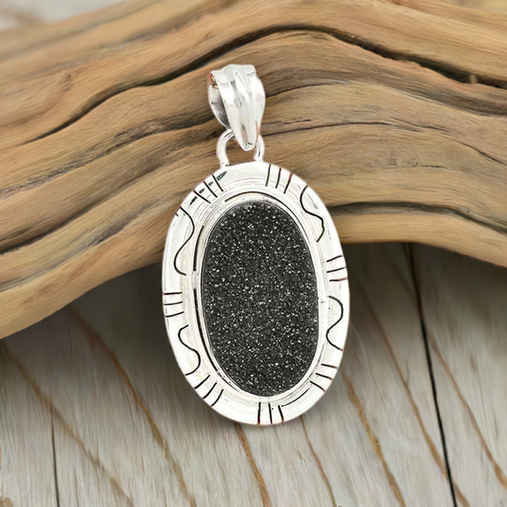 Black Aura Druzy Gemstone Pendants In 925 Solid Silver Jewelry 925SP40-2