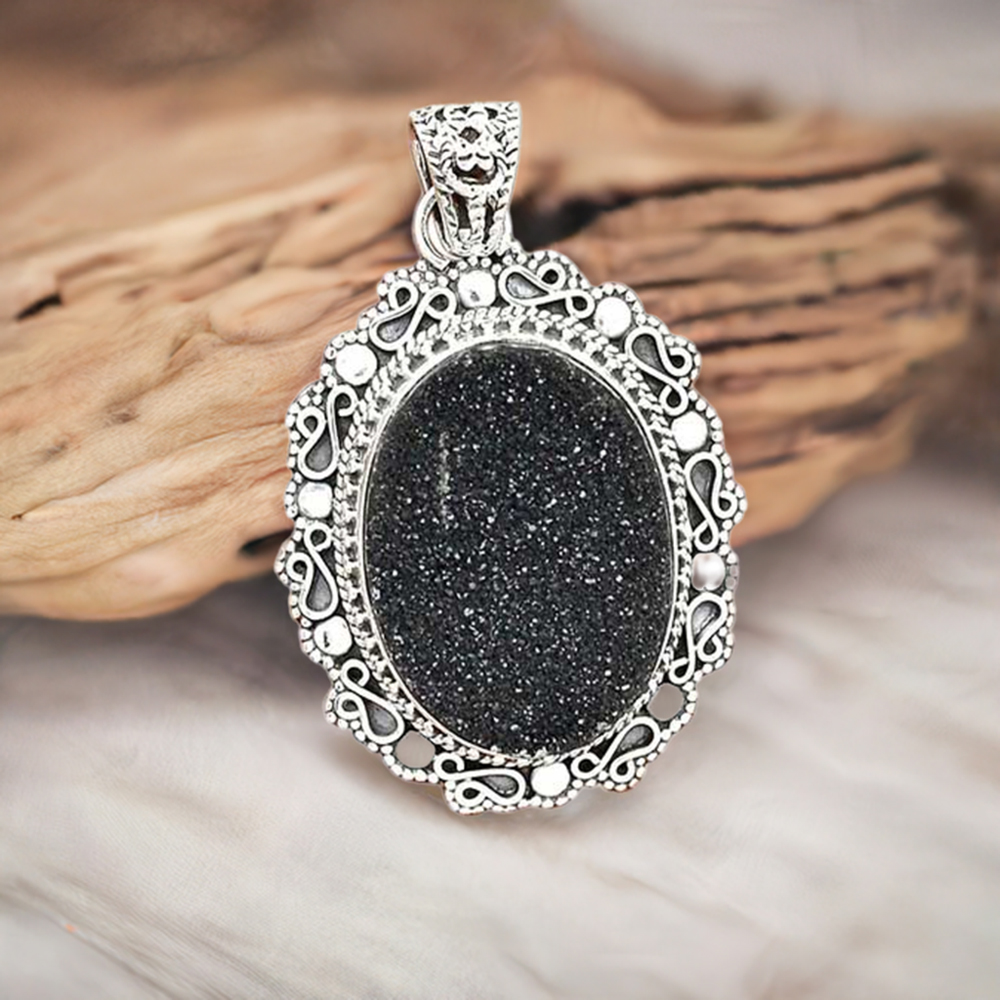 Black Aura Druzy Gemstone Handmade Pendants In Solid Sterling Silver Jewelry 925SP42-3