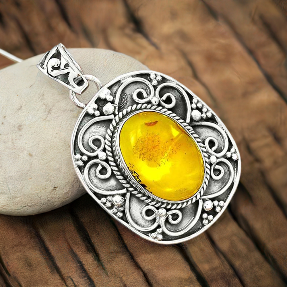 925 Sterling Silver Handmade Pendants In Amber Gemstone Jewelry 925SP46-7
