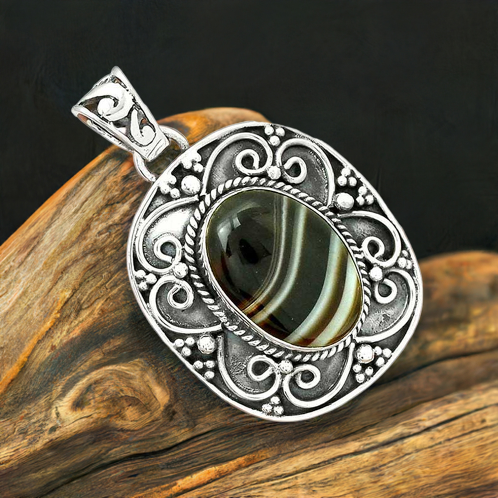 Solid Sterling Silver Handmade Pendants In Botswana Agate Gemstone Jewelry 925SP46-8