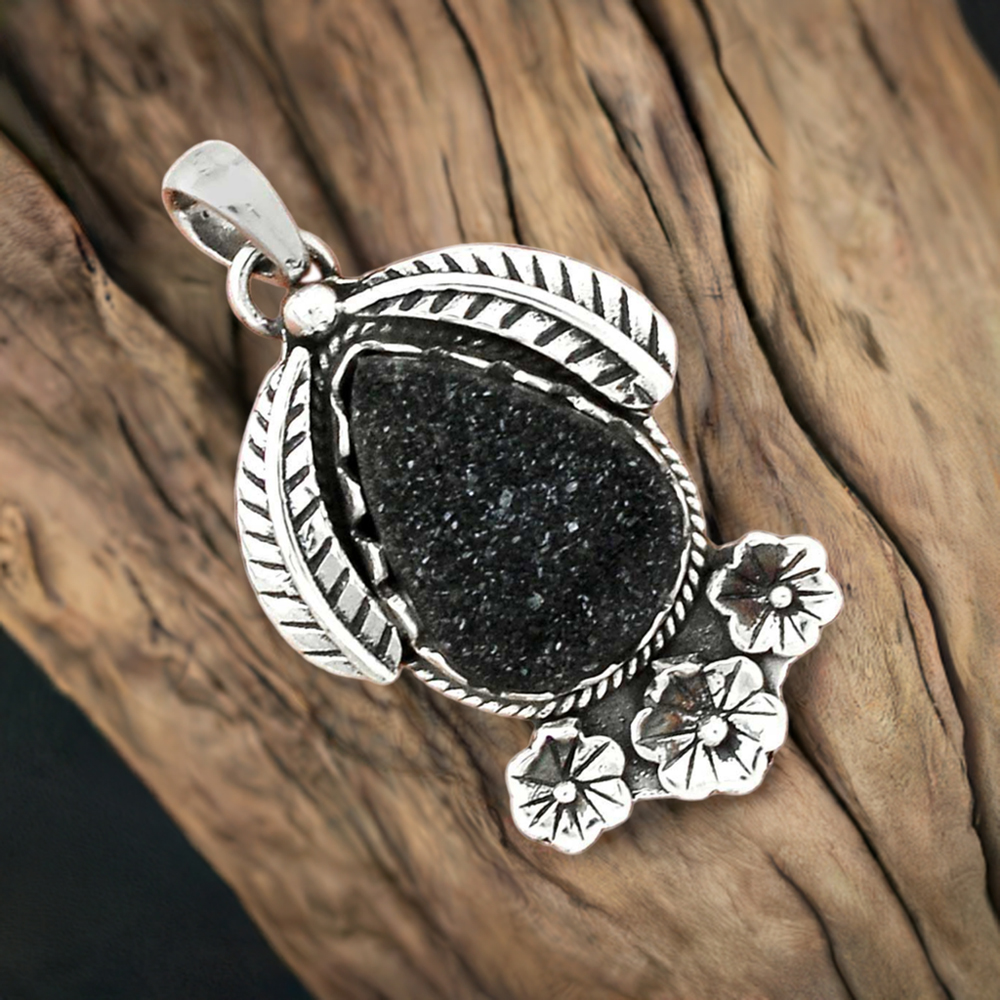 Black Druzy Gemstone Handmade Pendants In Solid Sterling Silver Jewelry 925SP54-5