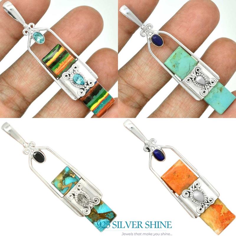 925 Sterling Silver Handmade Pendants In Multi Gemstone Jewelry 925SP61-1_4
