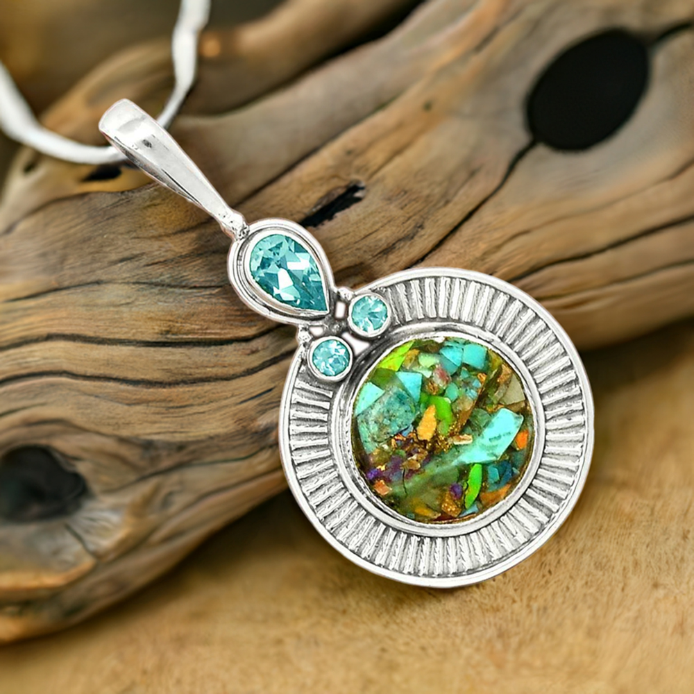 Solid Sterling Silver Handmade Pendants In Multi Gemstone Jewelry 925SP62-3