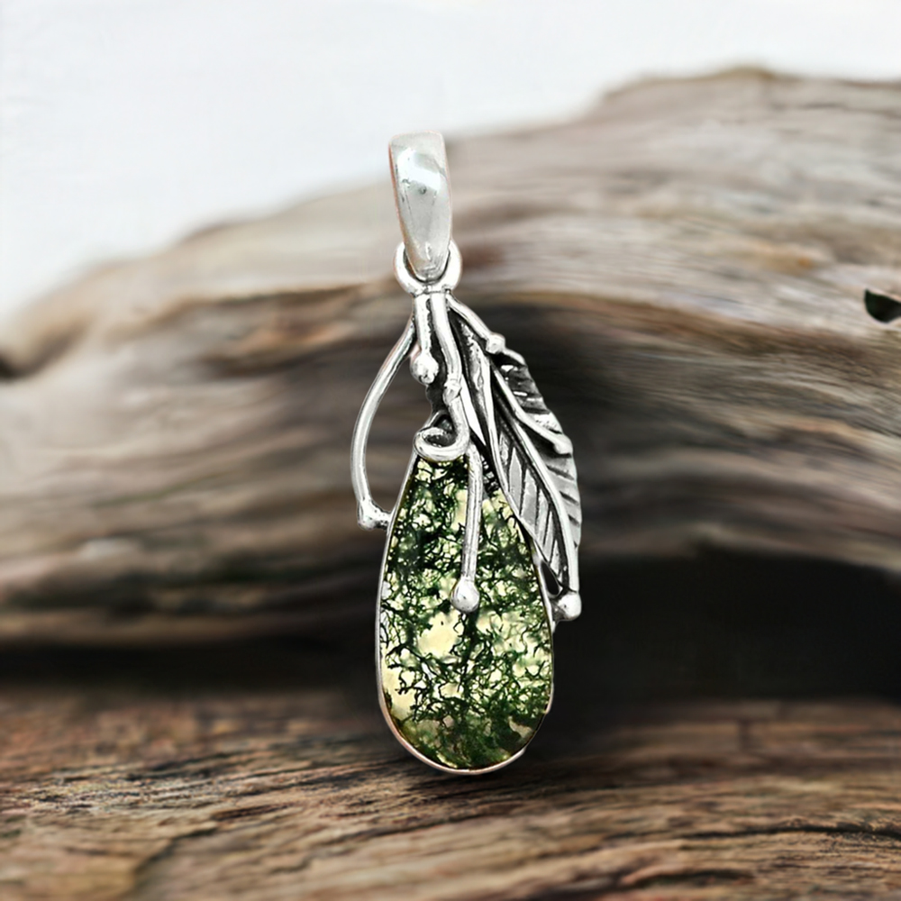 Fine Sterling Silver Pendants In Moss Agate Gemstone Jewelry 925SP64-2