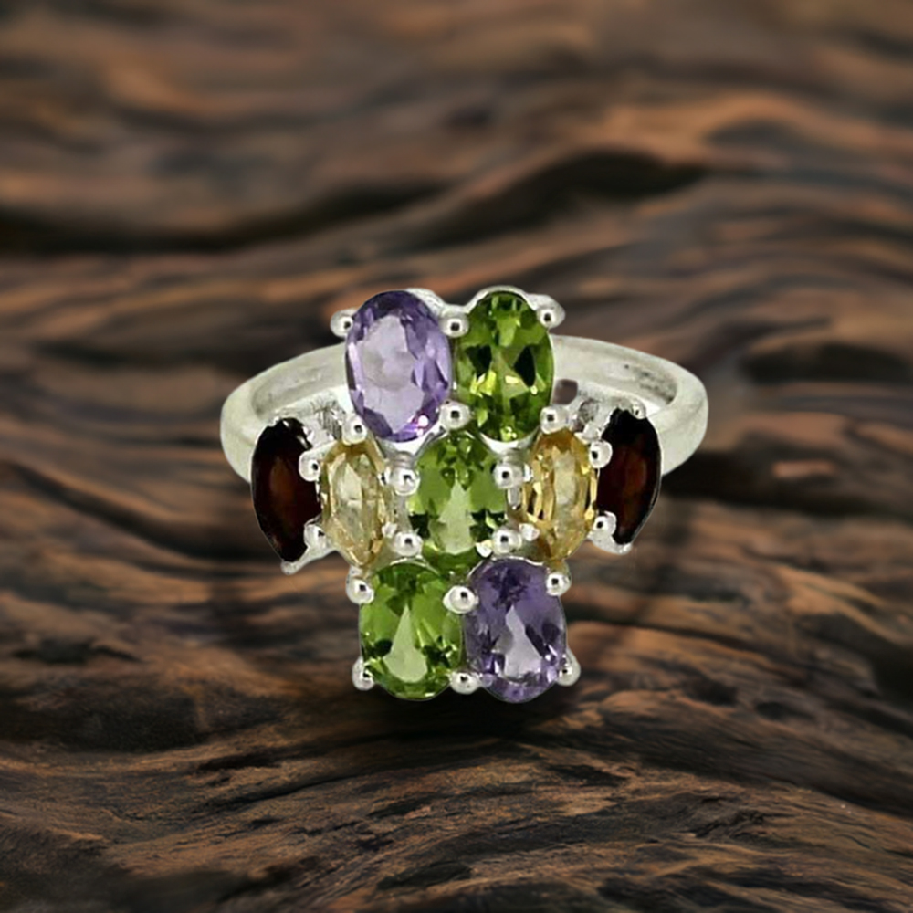 Genuine Multi Stone Semi Precious Gemstone Ring In 925 Silver 925SR014