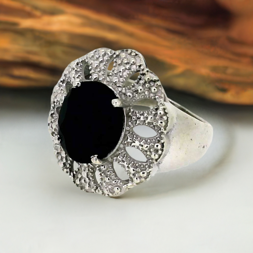 Genuine Black Onyx Gemstone Ring In 925 Sterling Silver 925SR018-2