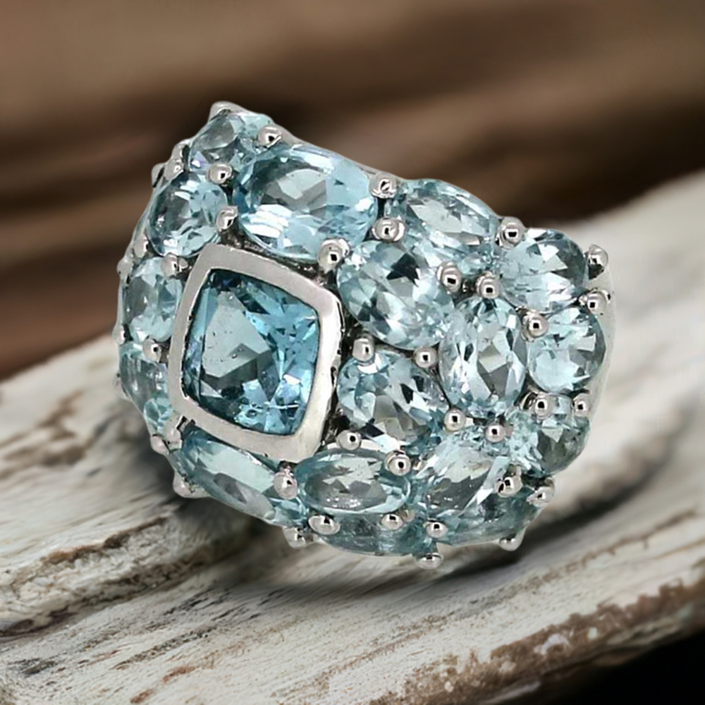 Natural Blue Topaz Semi Precious Gemstone Ring In 925 Sterling Silver 925SR021