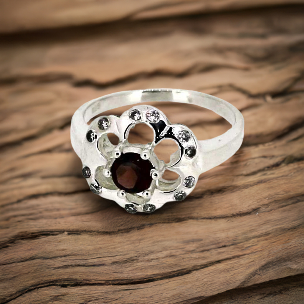 Flower Sterling Silver Garnet Rings Jewelry 925SR041-1