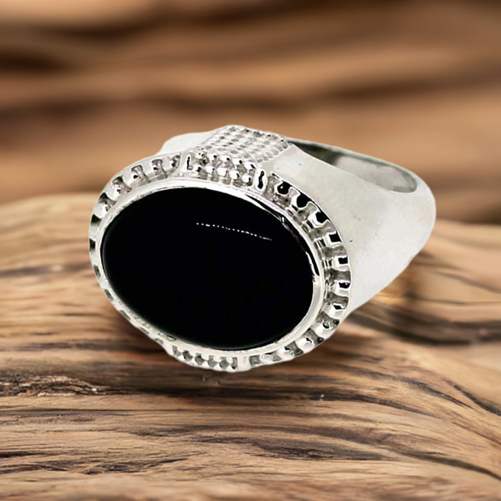 Natural Black Onyx Gemstone Ring In Sterling Silver 925SR042-2