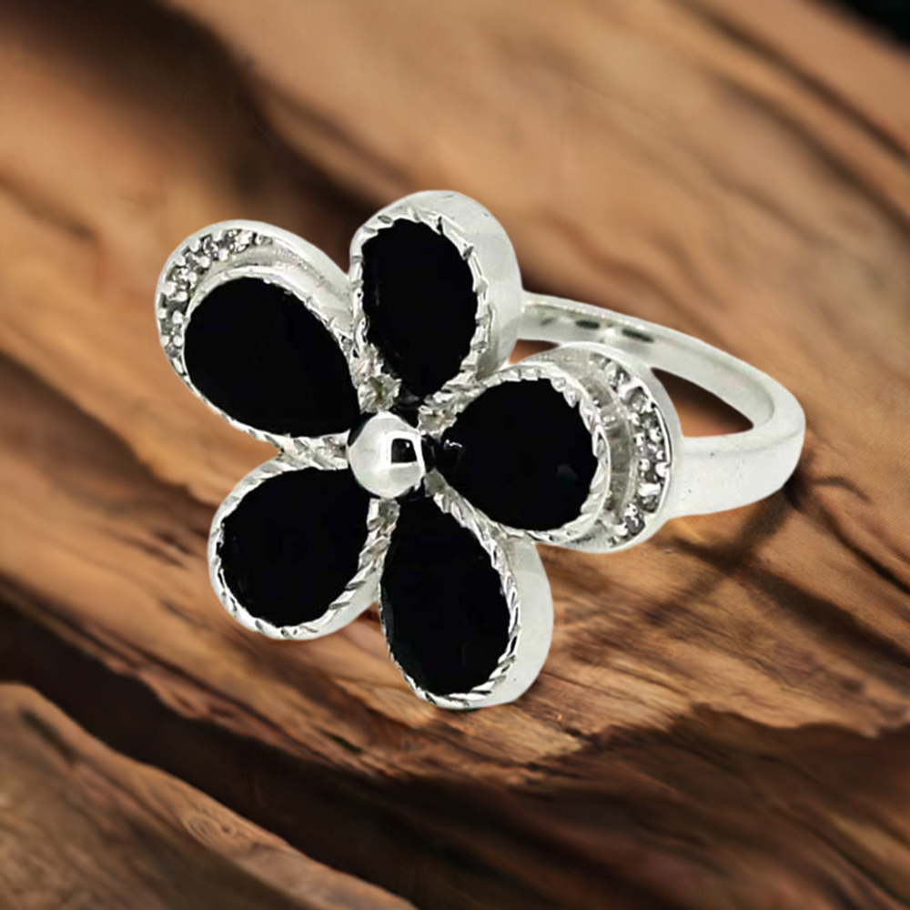 Semi Precious Black Onyx Gemstone Ring In Sterling Silver 925SR043-1