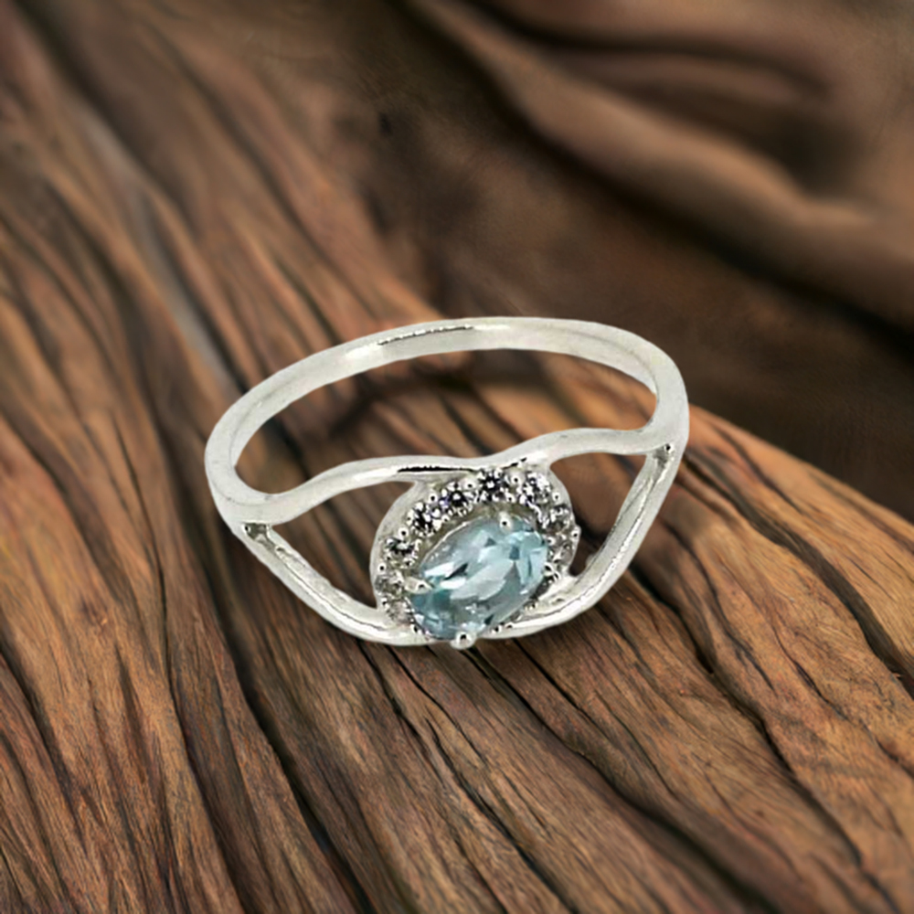 Natural Blue Topaz Semi Precious Gemstone Ring In Sterling Silver 925SR044-3