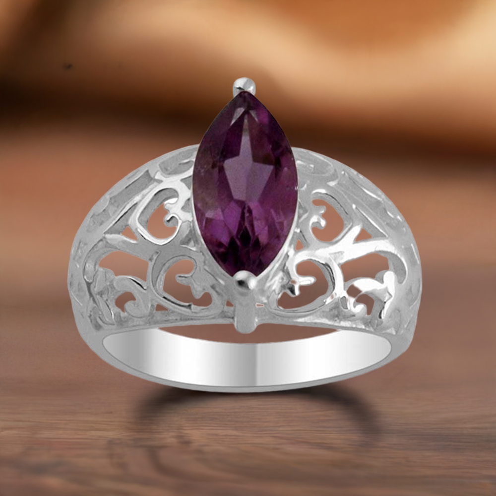 Amethyst Stone Filigree Design Silver Rings 925SR1373