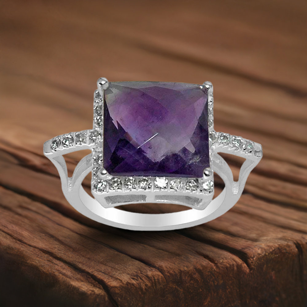 Natural Amethyts And CZ Gemstone Silver Rings 925SR1504
