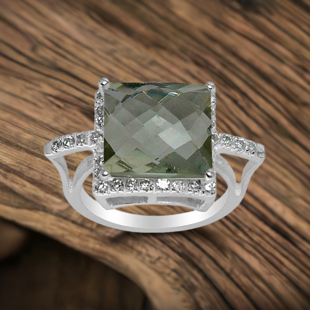Green Amethyst And CZ Gemstone Sterling Silver Rings 925SR1506