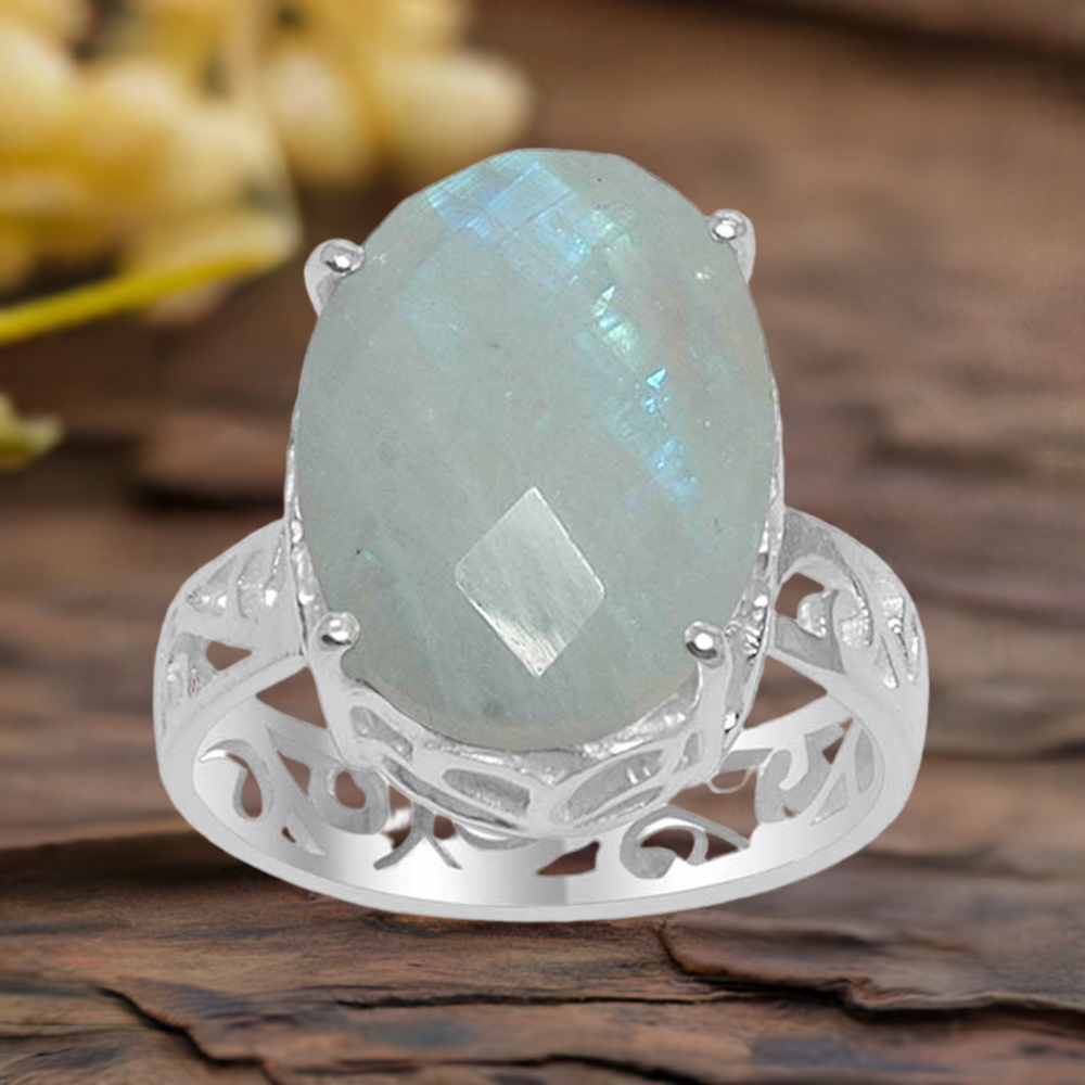 Solid 925 Silver Rings In Natural Rainbow Moonstone 925SR1521