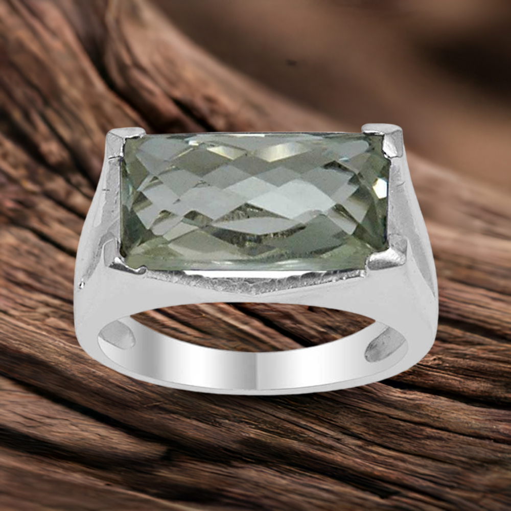 Green Amethyst Octagon Gemstone Silver Rings 925SR1524