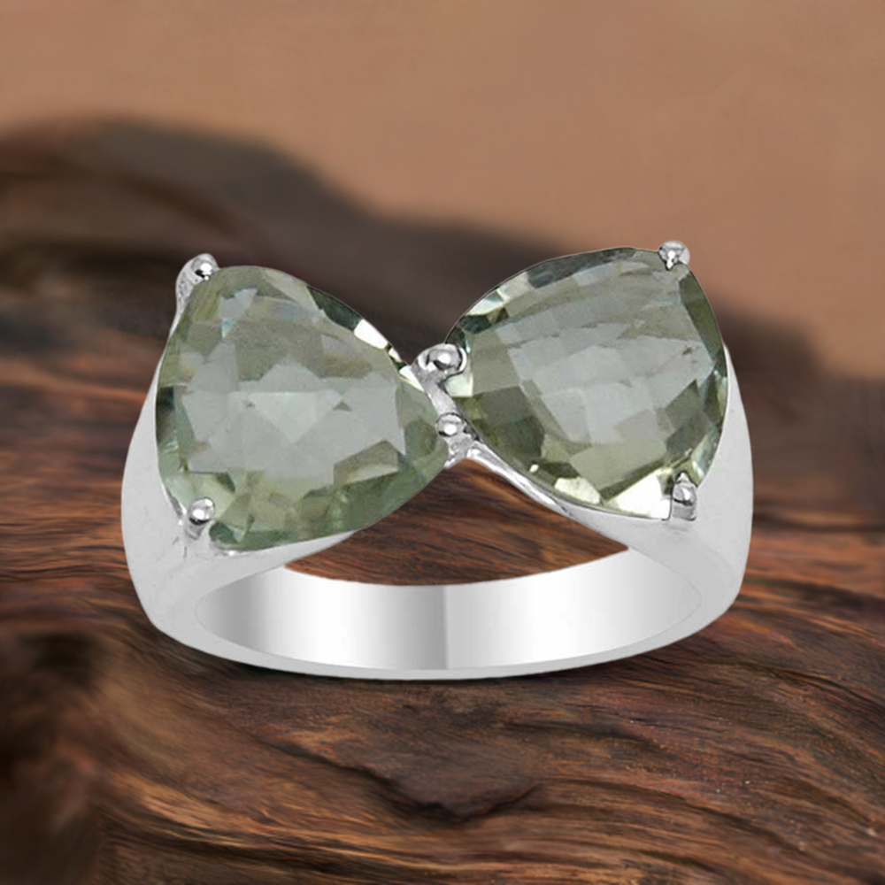 Tow Stone Green Amethyst Cut Stone Silver Rings 925SR1543