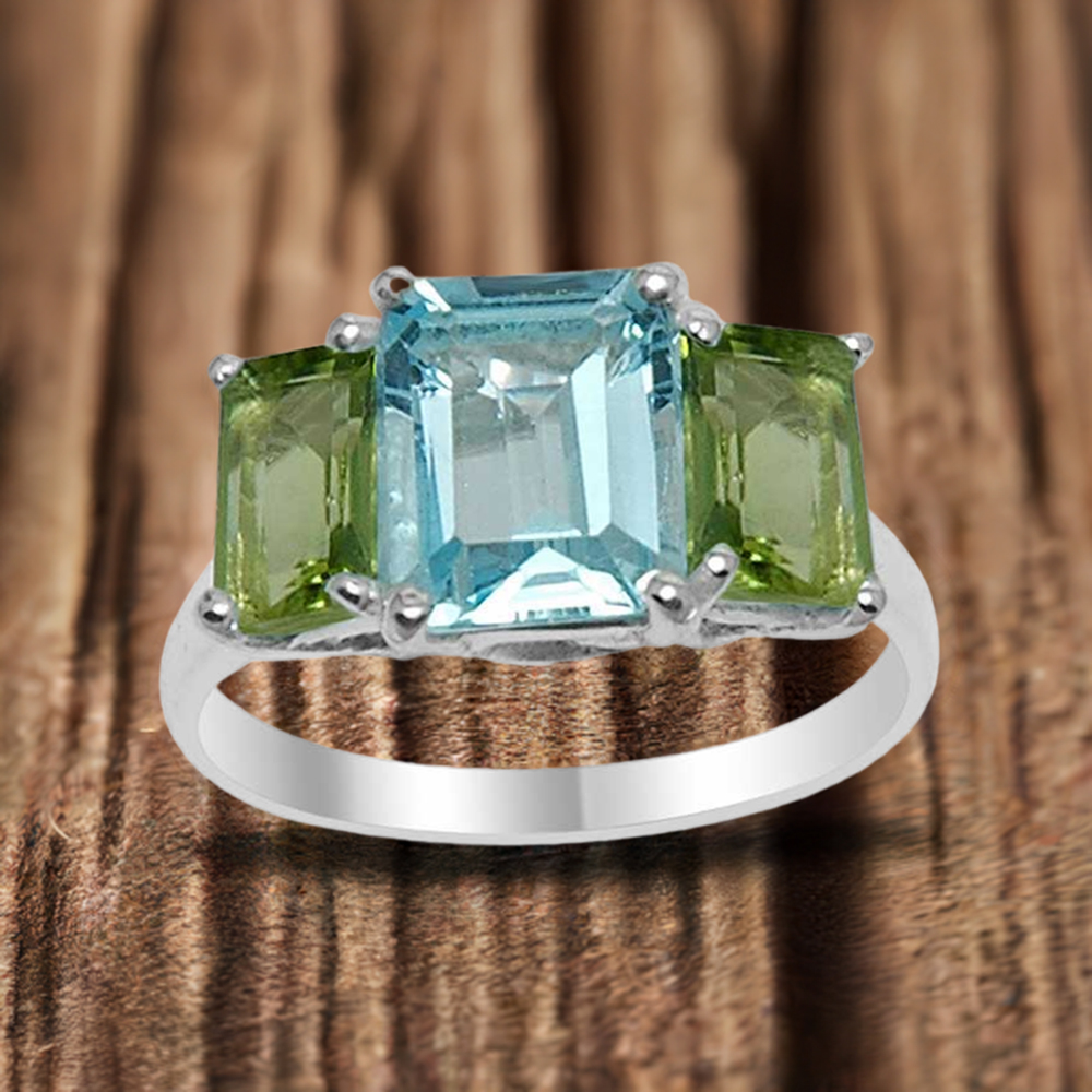 Semi Precious Blue Topaz, Peridot Gemstone Rings In 925 Sterling Silver Jewelry 925SR1555