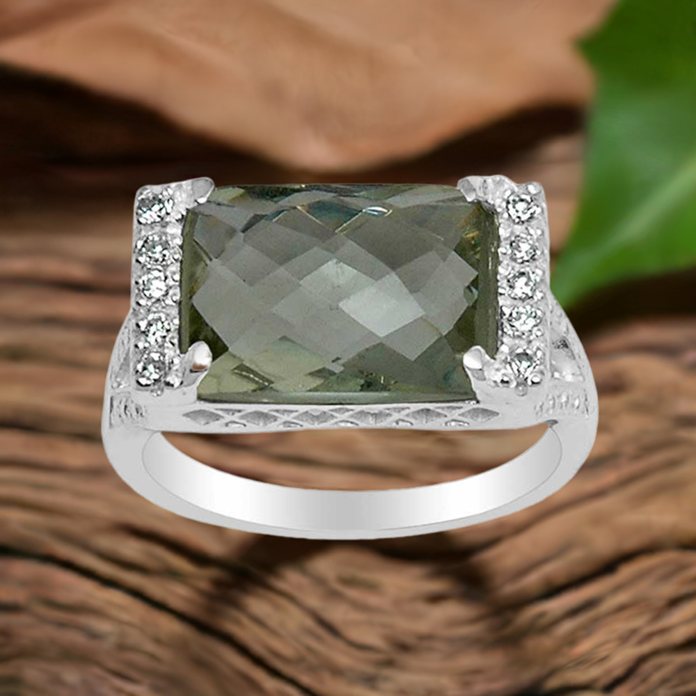 Green Amethyst Octagon Sterling Silver Rings 925SR1586