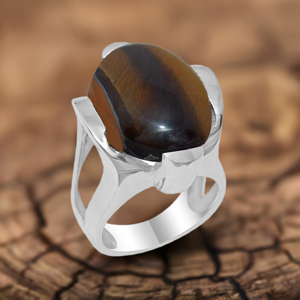 925 Sterling Silver Handmade Rings In Tiger's Eye Gemstone Jewelry 925SR1893