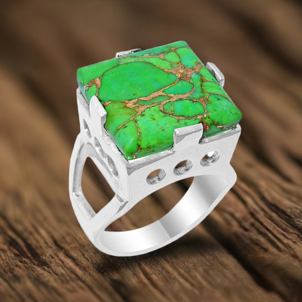 Fine 925 Sterling Silver Rings In Genuine Green Copper Turquoise Gemstone 925SR1909
