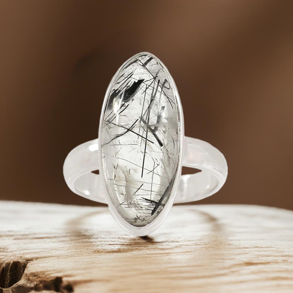 Black Rutile Gemstone Ring In Sterling Silver Jewelry 925SR2303