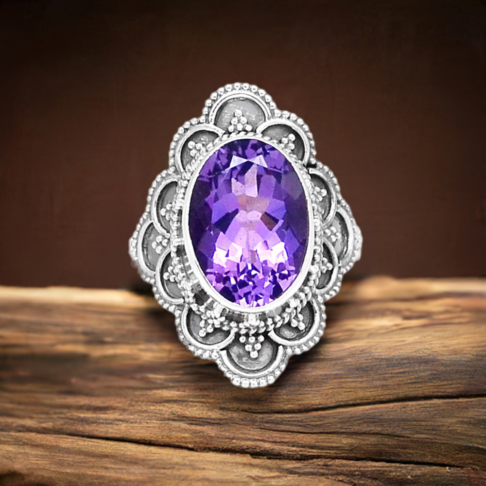 Faceted Amethyst Sterling Silver engagement Rings 925SR2352