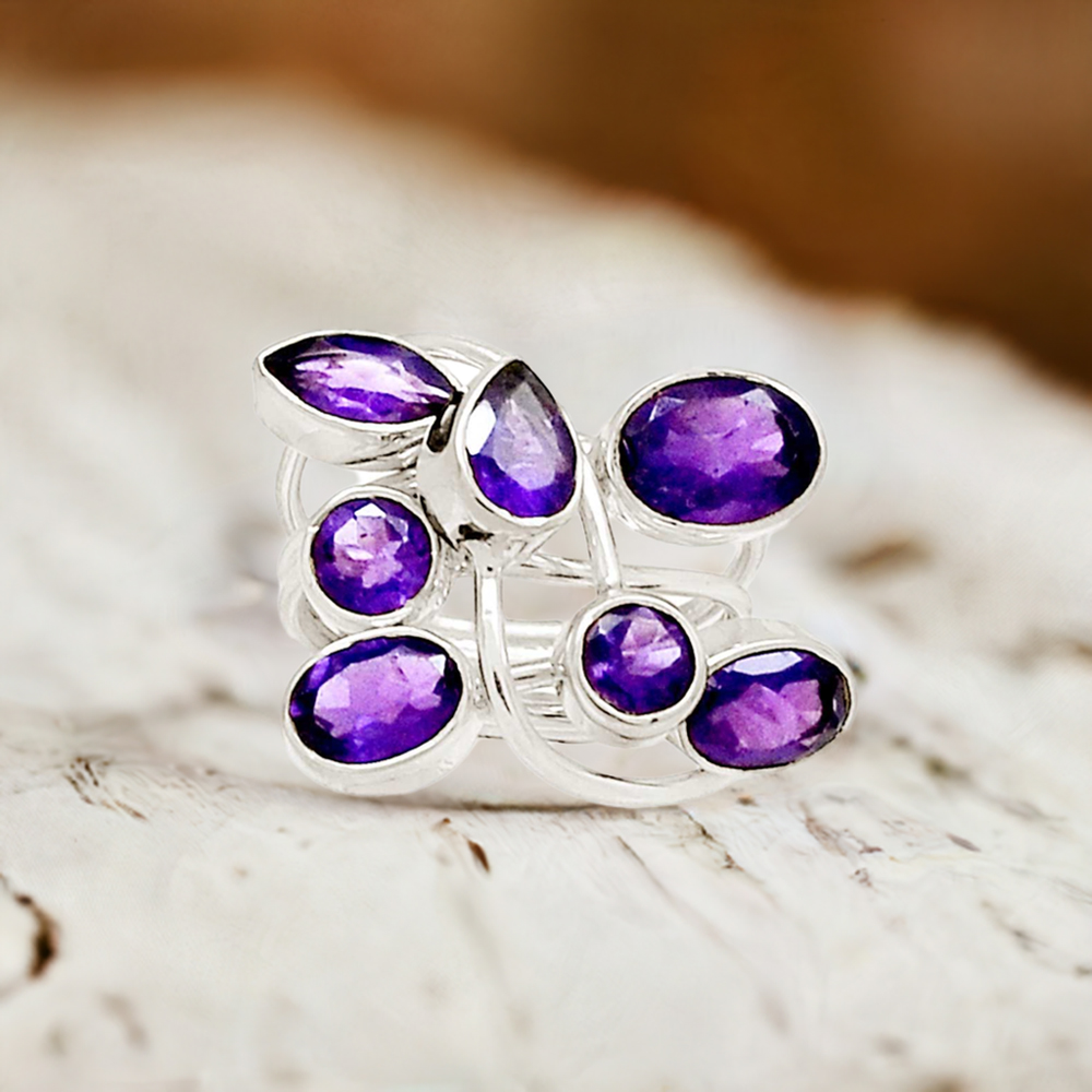 Multi Shape Amethyst Cut Stone Rings In Solid 925 Silver 925SR2361