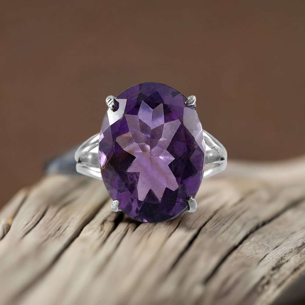 Amethyst Cut Stone Elegant Silver Ring 925SR2373