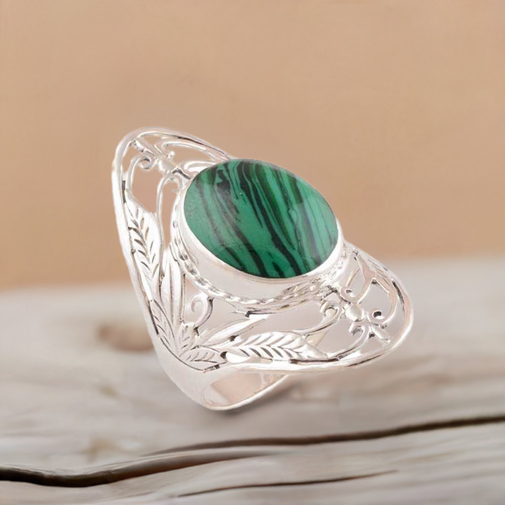 Solid 925 Silver Rings In Natural Malachite Gemstone 925SR2782