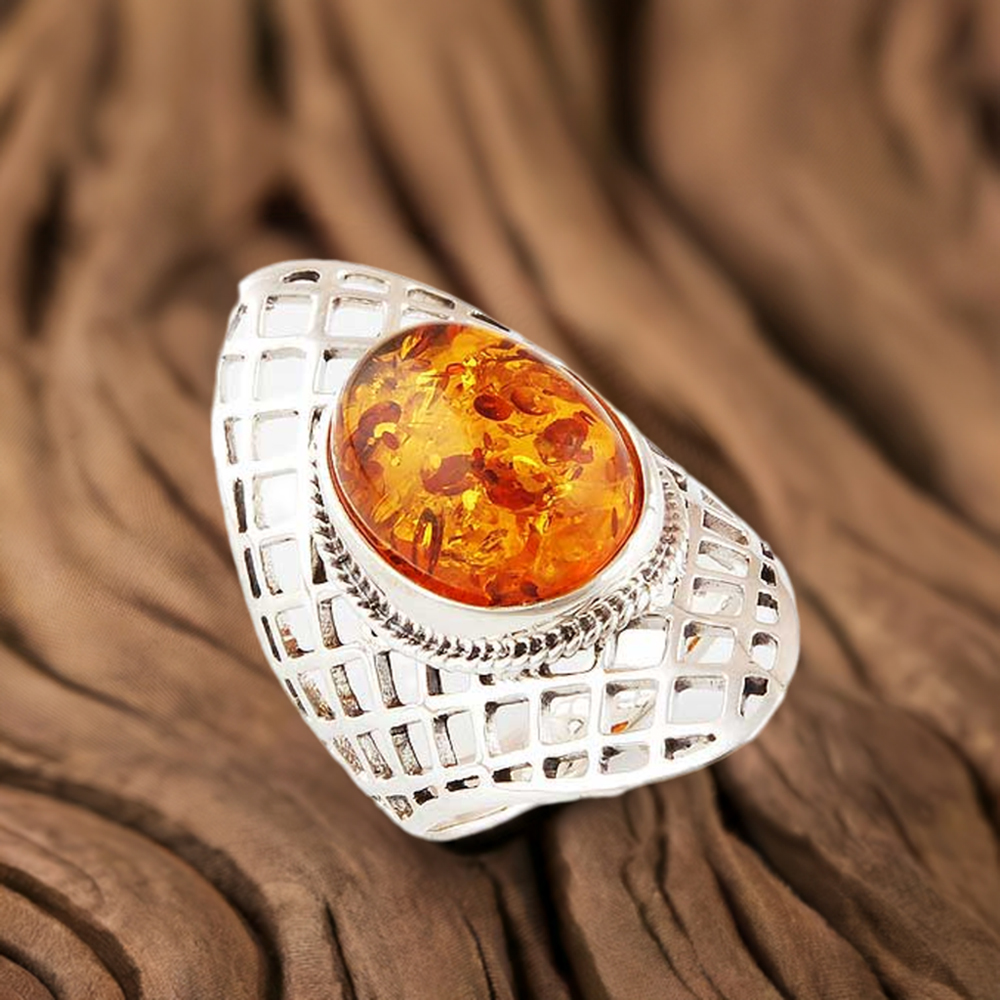 Fine 925 Sterling Silver Rings In Natural Amber Gemstone 925SR2785