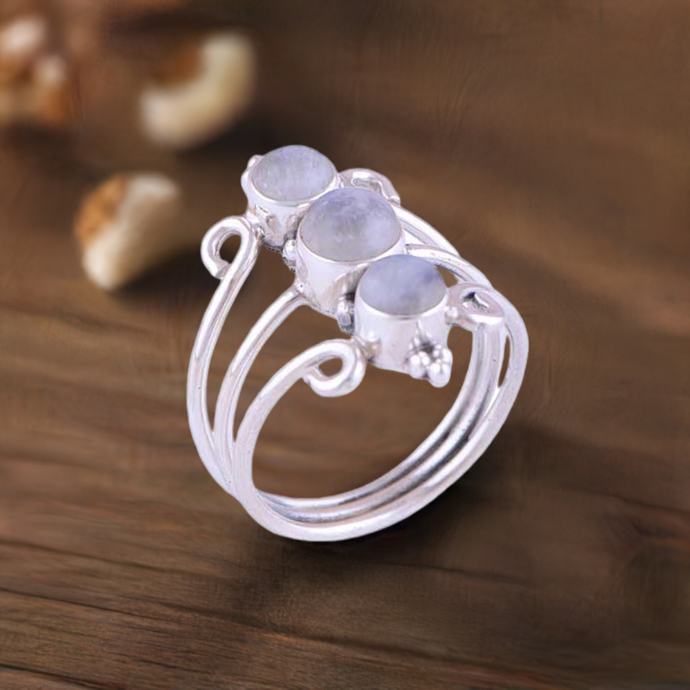 Solid 925 Silver Rings In Semi Precious Rainbow Moonstone 925SR2862