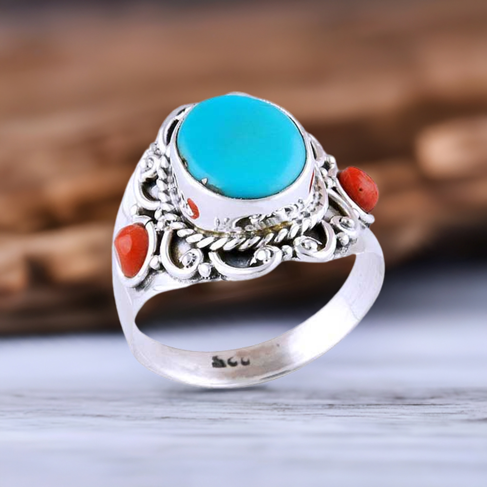 925 Sterling Silver Rings In Natural Turquoise, Coral Gemstone 925SR2964