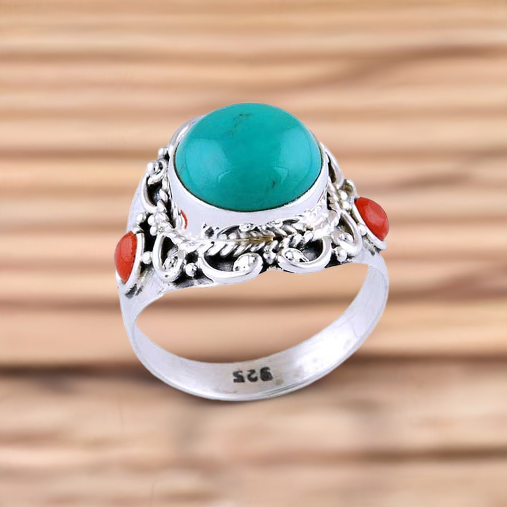 925 Sterling Silver Rings In Genuine Turquoise, Coral Gemstone 925SR2966