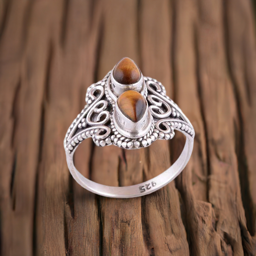 925 Sterling Silver Handmade Rings In Tiger's Eye Gemstone Jewelry 925SR3010