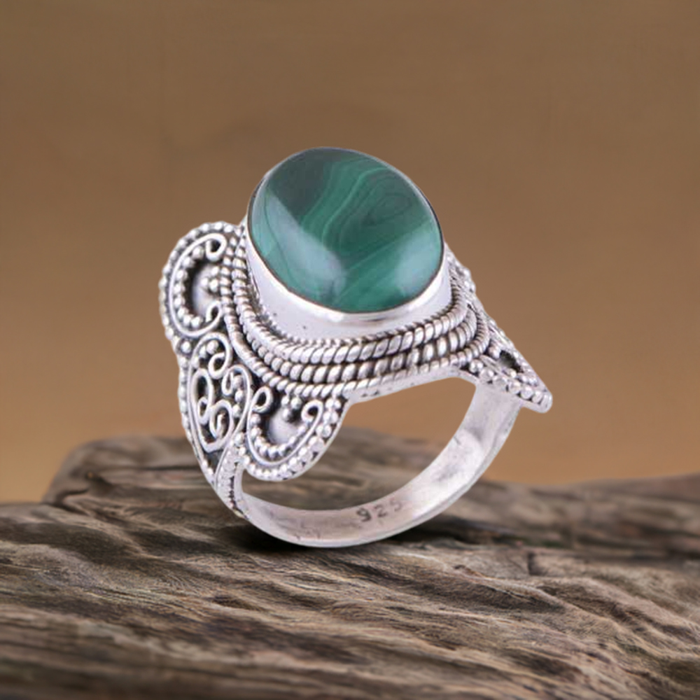 Genuine Malachite Gemstone Rings In 925 Sterling Silver 925SR3027