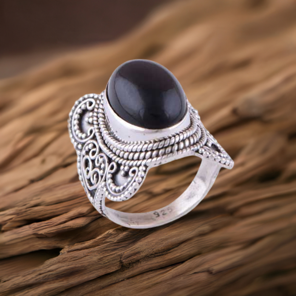 Natural Black Onyx Gemstone Rings In Solid 925 Silver 925SR3028