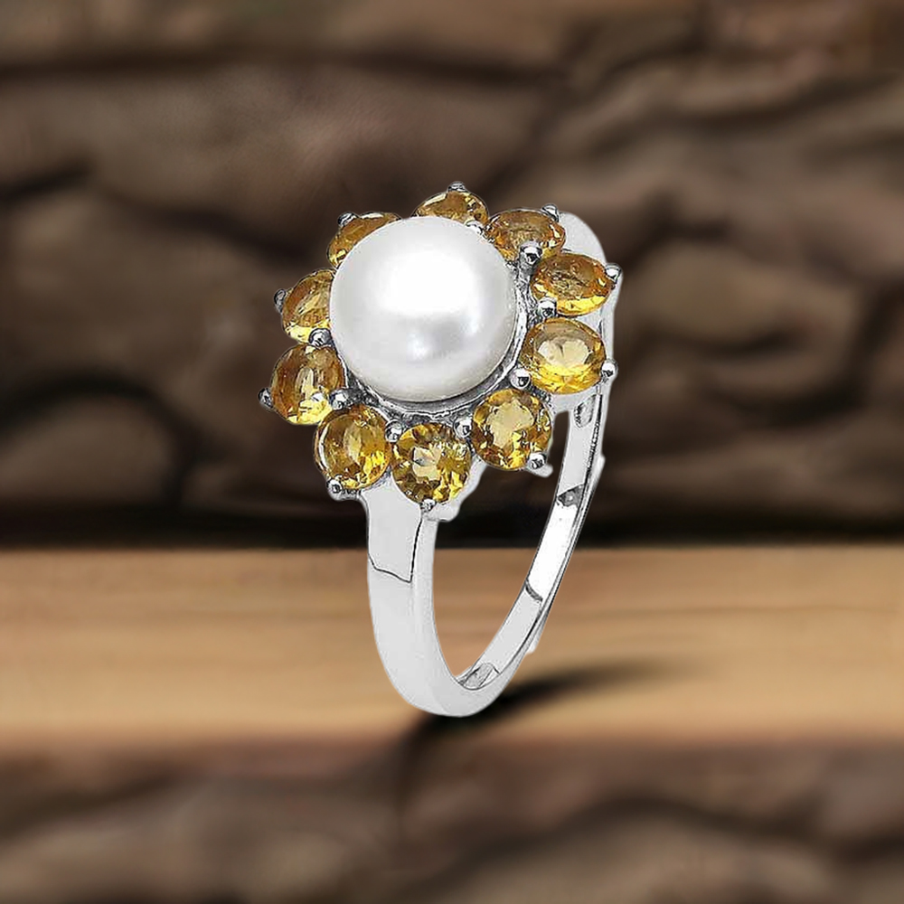 Solid 925 Silver Rings In Semi Precious Pearl Citrine Gemstone 925SR3099