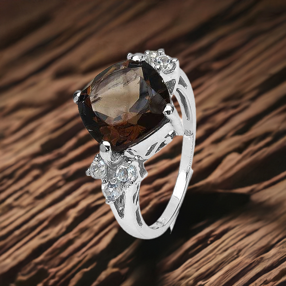 Fine 925 Sterling Silver Rings In Natural Smoky Quartz Gemstone 925SR3195