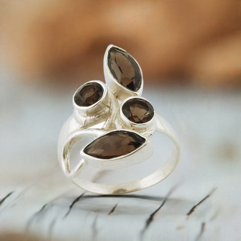 Semi Precious Smoky Quartz Gemstone Rings In 925 Sterling Silver Jewelry 925SR3384