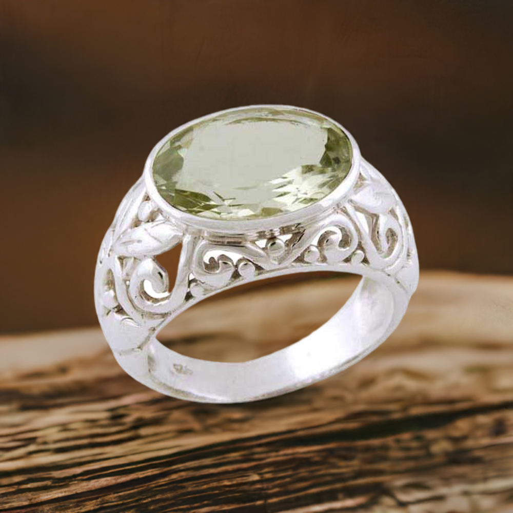 925 Silver Green Amethyst Cut Stone Rings 925SR3398